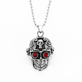 Alloy Rhinestones Pendant Necklaces, with Iron Ball Chains, Skull, Antique Silver, Garnet, 23.6 inch(60cm), 2mm