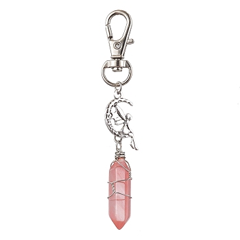 Pointed Watermelon Stone Glass Pendant Decorations, with Alloy Pendants and Swivel Lobster Claw Clasps, Fairy and Bullet, 87mm