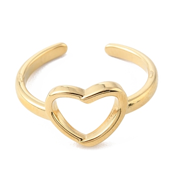 304 Stainless Steel Hollow Heart Open Cuff Rings for Valentine's Day, Real 14K Gold Plated, US Size 8 1/2(18.5mm)