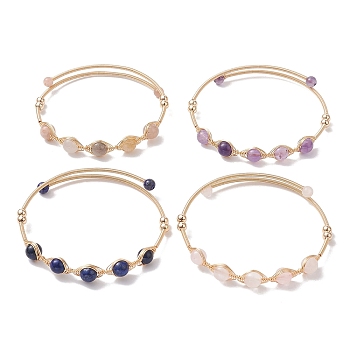 4Pcs 4 Style Natural Mixed Gemstone Round Beaded Cuff Bangles Set, Brass Wire Wrapped Bangles, Golden, Inner Diameter: 2~2-1/8 inch(5~5.25cm), 1Pc/style