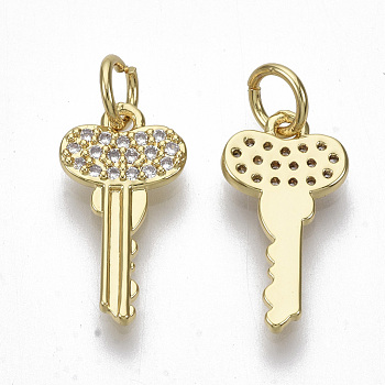 Brass Micro Pave Cubic Zirconia Pendants, with Jump Rings, Nickel Free, Key, Clear, Real 16K Gold Plated, 15x8x1.5mm, Hole: 3mm