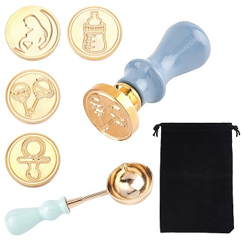 CRASPIRE DIY Stamp Making Kits, Including Brass Wax Seal Stamp Head, Brass Spoon, Pear Wood Handle, Rectangle Velvet Pouches, Golden, Brass Wax Seal Stamp Head: 4pcs