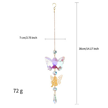 Glass Cone Pendant Decorations, with Metal Link, Hanging Suncatcher Home Decorations, Butterfly, 360x70mm