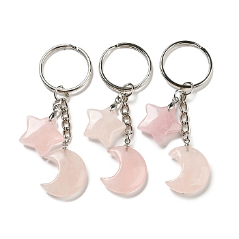 Reiki Natural Rose Quartz Moon & Star Pendant Keychains, with Iron Keychain Rings, 7.8cm