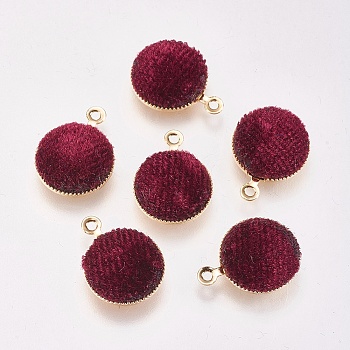 Brass Charms, with Velvet, Flat Round, Real 18K Gold Plated, Dark Red, 14x12x3mm, Hole: 1mm
