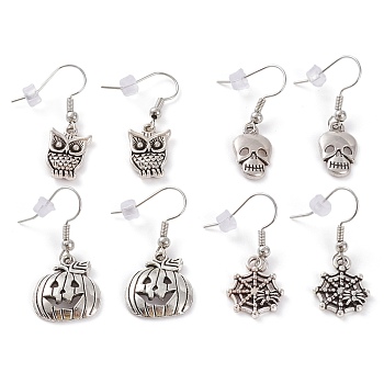 Halloween Theme, Tibetan Style Alloy Dangle Earrings, with Brass Earring Hooks and Plastic Earring Backs, Mixed Shape, Antique Silver, 33~35mm, Pin: 0.8mm