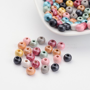 Round Natural Wood Beads, Dyed, Lead Free, Mixed Color, 5~6x6~7mm, Hole: 2~3mm(X-WOOD-Q017-6mm-M-LF)