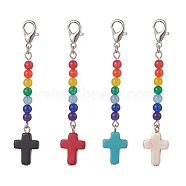 Synthetic Turquoise Cross with Natural Dyed Malaysia Jade Round Beaded Pendant Decoration, Mixed Color, 69.5mm(HJEW-JM00940)