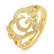 Heart with Letter & Flower Rack Plating Brass Adjustable Rings for Women, Lead Free & Cadmium Free, Real 18K Gold Plated, Letter G, US Size 6(16.5mm)(RJEW-I105-05G-G)