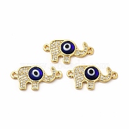 Rack Plating Real 18K Gold Plated Brass Micro Pave Clear Cubic Zirconia Connector Charms, Elephant with Evil Eye Links, with Handmade Lampwork, Cadmium Free & Lead Free, Long-Lasting, Blue, 12x24x4mm, Hole: 1.4mm(ZIRC-L102-05G-03)