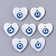 Natural Freshwater Shell Charms, with Enamel, Heart with Evil Eye, Dodger Blue, 12x12~13x3mm, Hole: 1.4mm(SHEL-N026-36B)