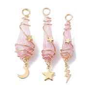 3Pcs 3 Styles Electroplated Natural Quartz Crystal Copper Wire Wrapped Pendants, TearDrop Charms with Golden Tone Alloy Moon & Star & Sun & Lightning Bolt, Pink, 44.5~48.5x8~10.5x6.5~13mm, Hole: 4mm, about 1pc/style(PALLOY-JF02586-04)