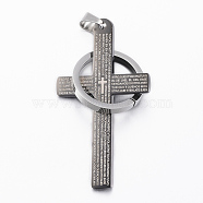 304 Stainless Steel Big Pendants, Cross with Rings and Words, Gunmetal & Stainless Steel Color, 53x30x2.2mm, Hole: 9x5mm(STAS-H385-15BP)