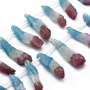 Electroplated Natural Quartz Crystal Beads Strands, Rough Raw Stone, Dyed, Nuggets, Tri-color, Deep Sky Blue, 29.5~59.5x9.5~10.5mm, Hole: 1mm, about 15pcs/strand, 15.2~15.3 inch(38.8~39cm)(G-F655-13A)