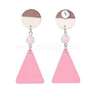 Stud Earrings, with Natural Rose Quartz Beads, Pear Wood Pendants, Resin & Wood Pendants and Brass Findings, Flat Round and Triangle, Pink, 67~68mm, Pin: 0.6mm(EJEW-JE03007-06)
