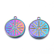 Ion Plating(IP) 201 Stainless Steel Pendants, Flat Round with Sun, Rainbow Color, 29x25x2mm, Hole: 2mm(STAS-N098-074M)