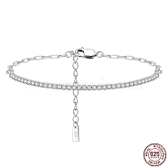 Clear Cubic Zirconia Tennis Bracelets, Rhodium Plated 925 Sterling Silver Paperclip Chains Bracelet, with S925 Stamp, Platinum, 18x0.2cm(BJEW-I314-009B)
