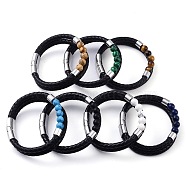 Mixed Stone Round Bead Leather Cord Multi-strand Bracelets, with 304 Stainless Steel Magnetic Clasps, for Men Women, Stainless Steel Color, 8-3/8~8-1/2 inch(21.2~21.5cm), 12~14.5mm(BJEW-A009-10P)