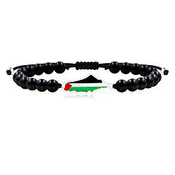 Palestine Map 304 Stainless Steel Enamel Link Bracelets, Natural Black Onyx Round Beads Braided Bead Bracelets for Women Men, Stainless Steel Color, 6.89 inch(17.5cm)(FS-WGEA228-15)