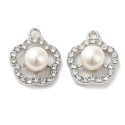 Alloy with Rhinestone Pendants, with ABS Imitation Pearl, Flower Charms, Platinum, 19.5x16.5x8.5mm, Hole: 2mm(FIND-B032-18P)