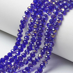 Electroplate Transparent Glass Beads Strands, Half Rainbow Plated, Faceted, Rondelle, Dark Blue, 6x5mm, Hole: 1mm, about 85~88pcs/strand, 16.1~16.5 inch(41~42cm)(EGLA-A034-T6mm-H05)