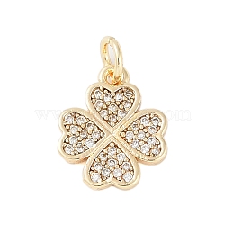 Rack Plating Brass Micro Pave Clear Cubic Zirconia Charms, with Jump Ring, Long-Lasting Plated, Lead Free & Cadmium Free, Four Leaf Clover, Real 18K Gold Plated, 13.5x11.5x1.5mm, Hole: 3mm(KK-Z060-13G)