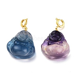Carved Natural Fluorite Pendants, with Brass Spring Ring Clasps, Buddha, Golden, 33.5mm, Pendant: 24.5x20x8.5mm(G-J387-90)