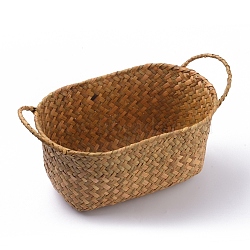 Straw Braid Baskets, with Handles, for for Storage Plant Pot Basket and Laundry, Picnic and Grocery Basket, Oval, Dark Goldenrod, 28.5x14.05x14cm(X-AJEW-WH0016-77)