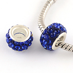 Polymer Clay Rhinestone European Large Hole Beads with Silver Color Plated Brass Cores, Rondelle, Sapphire, 11~12x7~7.5mm, Hole: 5mm(FPDL-R002-03)