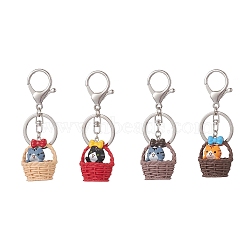 Flower Basket Kitten Opaque Resin Keychains, with Alloy Split Key Rings, Mixed Color, 9cm(KEYC-JKC00460)
