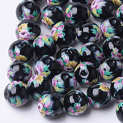 Printed & Spray Painted Glass Beads, Round with Flower Pattern, Black, 10~10.5x9.5mm, Hole: 1.6mm(GLAA-S047-03B-10)