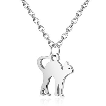 201 Stainless Steel Kitten Pendants Necklaces, Stretching Cat, Stainless Steel Color, 16.3 inch(40cm)x1mm