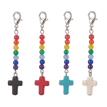 Synthetic Turquoise Cross with Natural Dyed Malaysia Jade Round Beaded Pendant Decoration, Mixed Color, 69.5mm