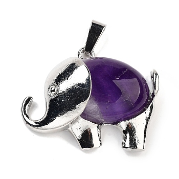 Natural Amethyst Pendants, Elephant Charms with Alloy Findings, Platinum, 29x37~37.5x9.5~10mm, Hole: 3x9mm