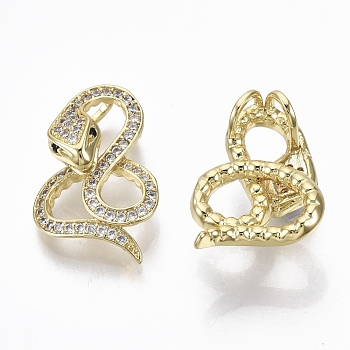 Brass Micro Pave Cubic Zirconia Pendants, Nickel Free, Snake, Real 18K Gold Plated, Black, 23x15.5x9mm, Hole: 2.2mm