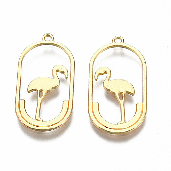 Rack Plating Alloy Pendants, Cadmium Free & Lead Free, Hollow, Oval with Ostrich, Light Gold, 30.5x15.5x1mm, Hole: 1.5mm