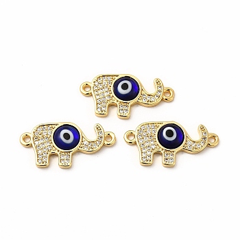 Rack Plating Real 18K Gold Plated Brass Micro Pave Clear Cubic Zirconia Connector Charms, Elephant with Evil Eye Links, with Handmade Lampwork, Cadmium Free & Lead Free, Long-Lasting, Blue, 12x24x4mm, Hole: 1.4mm