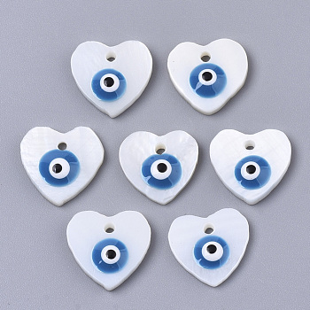 Natural Freshwater Shell Charms, with Enamel, Heart with Evil Eye, Dodger Blue, 12x12~13x3mm, Hole: 1.4mm
