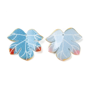 Opaque Acrylic Pendants, Gradient Magnolia Leaves with Gold Edge, Sky Blue, 22.5~23x25.5~26x2.3~3mm, Hole: 1mm