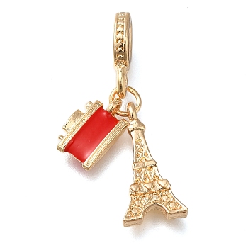 Rack Plating Alloy Red Enamel European Dangle Charms, Cameera & Tower Large Hole Pendants, Golden, 36mm, Hole: 5.2mm