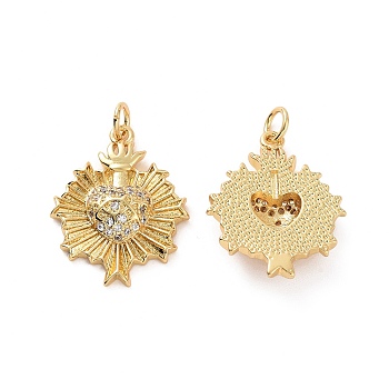 Rack Plating Brass Micro Pave Cubic Zirconia Pendants, with Jump Ring, Long-Lasting Plated, Cadmium Free & Lead Free, Sacred Heart Charm, Real 18K Gold Plated, 23x18x4.3mm, Hole: 3mm
