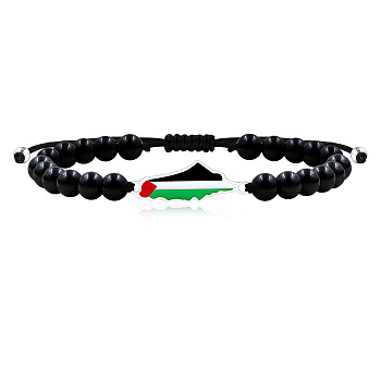 Palestine Map 304 Stainless Steel Enamel Link Bracelets, Natural Black Onyx Round Beads Braided Bead Bracelets for Women Men, Stainless Steel Color, 6.89 inch(17.5cm)