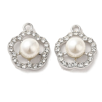 Alloy with Rhinestone Pendants, with ABS Imitation Pearl, Flower Charms, Platinum, 19.5x16.5x8.5mm, Hole: 2mm