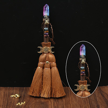 Wood Witch Broom with Synthetic Quartz Pendant Decorations, for Interior Car Mirror Hanging Decorations, 240~290mm