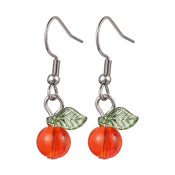 Acrylic Dangle Earrings, with 304 Stainless Steel Earring Hooks, Round with Leaf, Red, 32.5x12.5mm