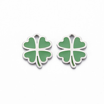 316 Surgical Stainless Steel Enamel Charms, Laser Cut, Cadmium Free & Nickel Free & Lead Free, Clover, Stainless Steel Color, 12x9.5x1mm, Hole: 1.4mm