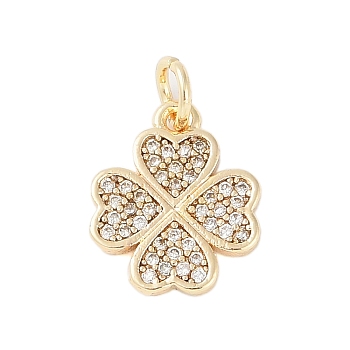 Rack Plating Brass Micro Pave Clear Cubic Zirconia Charms, with Jump Ring, Long-Lasting Plated, Lead Free & Cadmium Free, Four Leaf Clover, Real 18K Gold Plated, 13.5x11.5x1.5mm, Hole: 3mm