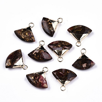 Fan Assembled Synthetic Bronzite and Regalite/Imperial Jasper Pendants, with Iron Loop and Light Gold Plated Brass Top, Dyed, Indian Red, 18~19x18~19x5~6mm, Hole: 2mm
