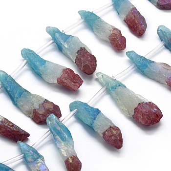 Electroplated Natural Quartz Crystal Beads Strands, Rough Raw Stone, Dyed, Nuggets, Tri-color, Deep Sky Blue, 29.5~59.5x9.5~10.5mm, Hole: 1mm, about 15pcs/strand, 15.2~15.3 inch(38.8~39cm)