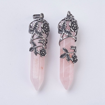 Natural Rose Quartz Pointed Pendants, with Antique Silver Plated Brass Findings, Faceted, Bullet, Flower, 58~61x15~17mm, Hole: 5x7mm